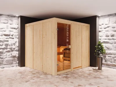 Produktbild von KARIBU Elementsauna Celine 4 Fichte Natur 68 mm, Innensauna für 2 3 Personen, Systembauweise mit bronzierter Ganzglastür, 3 Liegen, Ofenschutzgitter, Innenmaße 196x196x198 cm