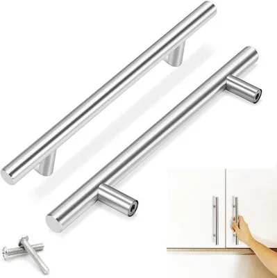 Zdjęcie produktu dla Zestaw 10 uchwytów do mebli Ibzoa®, stal nierdzewna, szczotkowana, srebrna – długość 200 mm, rozstaw otworów 128 mm, średnica 12 mm, wysokość 32 mm, w zestawie śruby