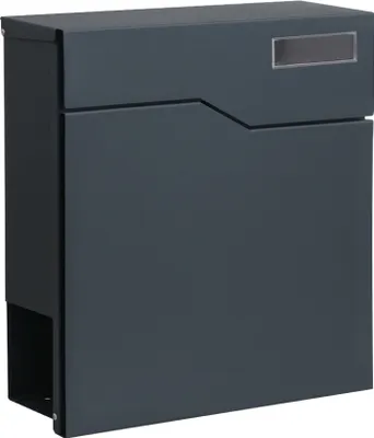 A dark gray mailbox is shown against a light gray background.