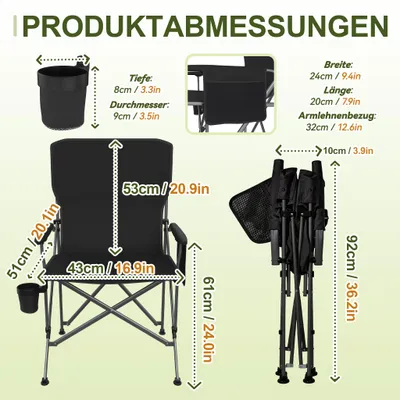 Produktbild von UISEBRT Klappbarer Angelstuhl Outdoor, Schwarz, stabiler Stahlrohrrahmen und robustes Gewebe, vielseitig für Angeln und Freizeitaktivitäten