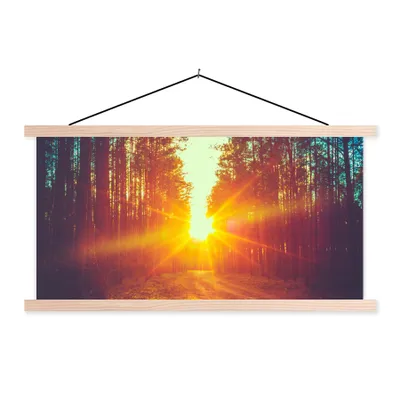 Produktbild von MuchoWow® Textilposter Sonnenuntergang - Bäume - Wald - Natur 120x60 cm mit holzfarbenen Rahmen - Klemmleiste