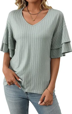 Image de ASKSA T-shirt manches longues chemisier col V été élégant haut uni ample tunique casual tops (Vert,XXL)