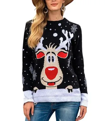 Image de ASKSA Pull de Noël Femme Sweat Ugly Christmas Manches Longues Noël Élan Automne Hiver Chaud Pull en tricot (Noir,L)