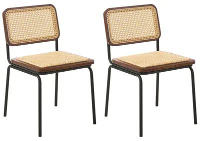 Produktbild von BELIANI Esszimmerstuhl 2er Set Naturfarben u. Braun Polyrattan Wiener-Geflecht mit Schwarzen Metallbeinen ohne Armlehnen Retro Design Küchenstuhl