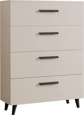 A four-drawer chest of drawers with black handles and black tapered legs, shown against a white background.