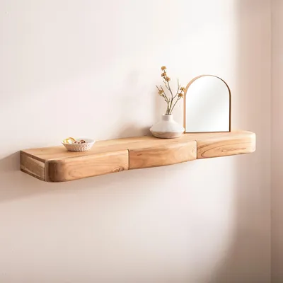 Zdjęcie produktu dla WOHNLING Półka ścienna z litego drewna akacjowego 100 cm z szufladami – designerska półka ścienna – drewniana półka ścienna z miejscem do przechowywania – wisząca półka z prawdziwego drewna