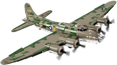 A model of a Boeing B-17F Flying Fortress airplane with camouflage.