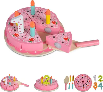 Produktbild von Moni Spielzeug Geburtstagstorte 4223 Holz Tortenheber, Kerzen, Kuchenstücke rosa