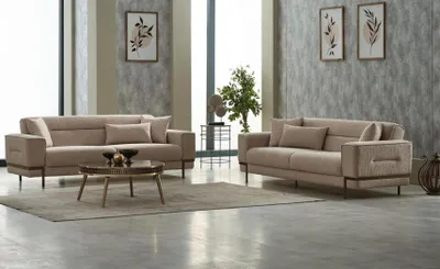 Produktbild von Dreisitzer Polstersofa Sofagarnitur Stoffsofa Couch Beige 2tlg Sofa