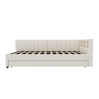 Produktbild von Merax Tagesbett Daybett 90x200 cm, mit Ausziehbett 90x190 cm, Gästebett mit LED, USB+Typ C, Schlafsofa, Leinen Polsterbett, Beige