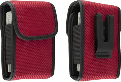 Two views of a red phone pouch with a black belt clip and velcro closure.