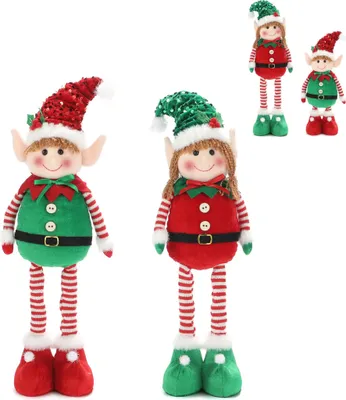Two plush elf decorations with telescopic legs are displayed against a white background.