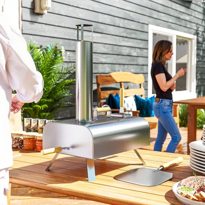 Produktbild von Outdoor-Pizzaofen, Tragbarer Pizza-Ofen mit Pizzastein und Schaufel, klappbare Beine, Schornstein, Edelstahl, 79 x 36 x 75 cm, Silber