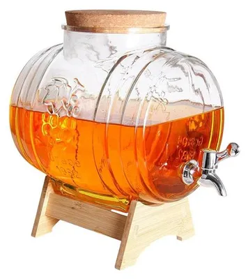 Produktbild von Getränkespender mit Zapfhahn, Glasfass für Limonade und Getränke, auf Holzständer 5 l