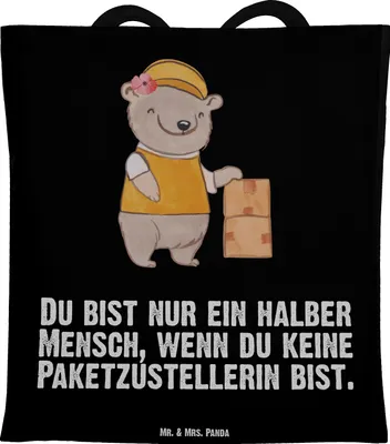 Produktbild von Mr. & Mrs. Panda totebag Paketzustellerin Herz - Schwarz - Geschenk, Lustig, Witzig, Schultasche, Jutebeutel, Paketbotin, Baumwolltasche, Spruch, Shopping Tasche