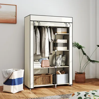 Produktbild von Stoffschrank 6 Regalböden 1 Kleiderstange, Kleiderschrank Vliesstoff faltbar, Cremeweiß | 103 x 43 x 162,5 cm | Stahlrahmen | Reißverschluss