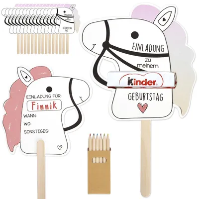 Produktbild von Einladungskarten Kindergeburtstag Bastelset Pferde 15 Stück Kraftpapier mit Buntstiften
