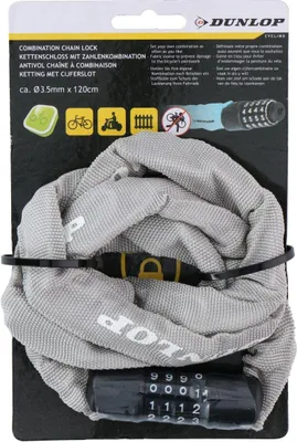 The image shows the packaging of a Dunlop combination chain lock for bicycles.