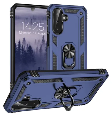 A blue phone case with a ring stand is shown from multiple angles.