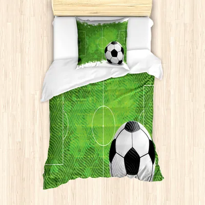 Produktbild von ABAKUHAUS Fußball Mantele, Grunge Fußball-Entwurf, Milbensicher Allergiker geeignet mit Kissenbezügen, 135 cm x 200 cm - 80 x 80 cm, Grün Schwarz Weiß