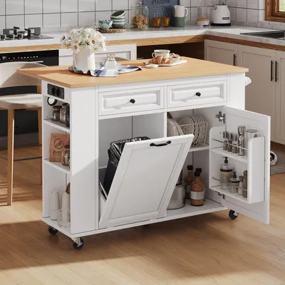 Image de Îlot de cuisine mobile blanc avec table à rallonge, bac à déchets, porte-serviettes et prises électriques