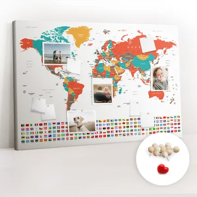 Obrázok produktu pre Korková tabuľa Tabuľa na poznámky Tabuľa na špendlíky - učebná pomôcka 120x80 cm - 100ks drevených  kolíkov - Farebná mapa sveta