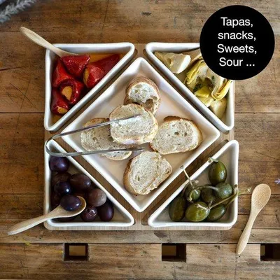 Produktbild von Famanu Servierset 11-teilig - Für Tapas und Snacks - Keramische Schalen und Bambuslöffel