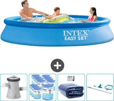 Produktbild von Intex runder aufblasbarer Easy Set-Schwimmpool – 305 x 61 cm – Blau – inklusive Pumpe Filter - Sonnensegel - Reinigungskit
