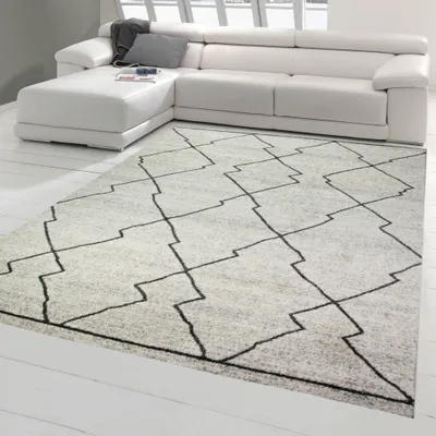 Zdjęcie produktu dla Nowoczesny dywan w kolorze kremowo-szarym z wzorem rombów, miękki, do salonu, stylowy, wymiary – 80 x 150 cm