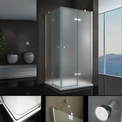 A collage of images showing a modern bathroom with a glass shower enclosure, toilets, and a view of the sea through a window.