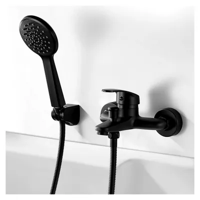 Produktbild von Badewannenarmatur in Schwarz mit Handbrause | Mischbatterie für Badewanne und Dusche zur Wandmontage mit Duschset | Einhebelmischer Duscharmatur Set mit 1,5 m Schlauch | Handbrause mit 1 Strahlart