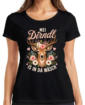 Produktbild von Mei Dirndl is in da Wäsch Reh Kitz Blumen Tracht Lederhose Alpen Damen T-Shirt, Schwarz, M