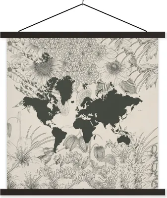 Produktbild von MuchoWow® Textilposter Weltkarte - Grau - Blume 120x120 cm mit schwarzem Rahmen - Aufhängungsset