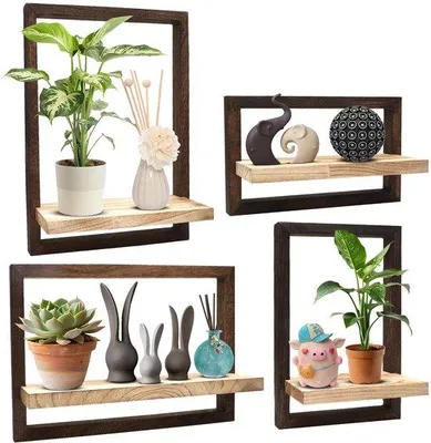 Produktbild von Famanu Wandregal Set 4 Stück - Holz und Metall, ideal für Schlafzimmer, Wohnzimmer, Küche und Badezimmer