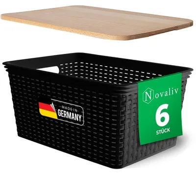 Produktbild von Novaliv 6er Set Aufbewahrungsboxen mit Holzdeckel Groß 14L Korb Schwarz in Rattan Design Lebensmittelecht Aufbewahrungskorb Stapelboxen Nestbar Kunststoff BPA-frei Kiste Verstaubboxen mit Deckel