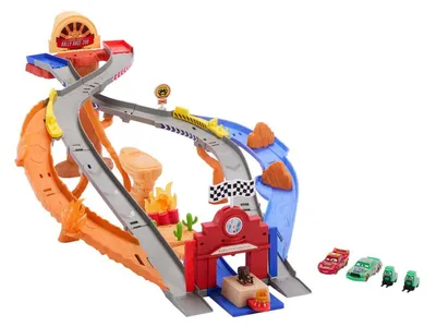 Produktbild von Disney Pixar Cars Radiator Springs Rennen & Retten Rettungsweg-Rennstrecke Spielset mit 4 Spielzeugautos, Fahrzeug- & Schienen-Set, 4 Jahr(e), Kunststoff, Metall, Mehrfarbig