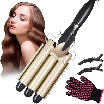 Produktbild von Lockenstab 3 Fässer Welleneisen,22mm für Haare Beach Waves Lockenwickler,Turmalin Keramik Curling Iron Schnelle Erwärmung Mit 2Clips & einem Handschuh