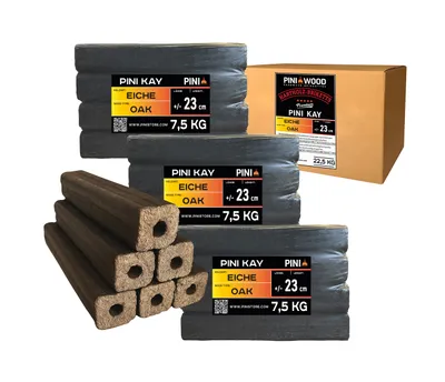 Several packages of wood briquettes are stacked, with a cardboard box in the background.