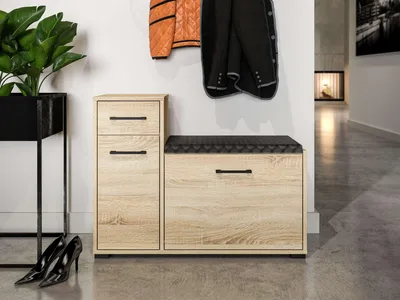 Produktbild von Schuhbank mit Schrank – Kompaktgarderobe – Schuhschrank mit Sitzbank – CARO 06 – Sonoma Eiche – 90 cm – Funktionale Schuhaufbewahrung mit Holzoptik