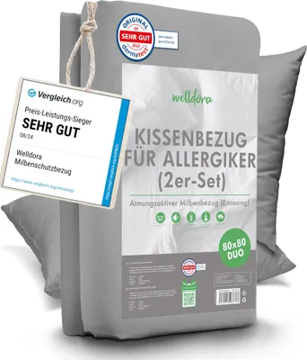 Produktbild von Welldora - 2-Set Milbenbezug Kissen 80x80 - Allergiker Kissenbezug fachärztlich getestet - Encasing gegen Milben & Bettwanzen - Allergiker Bettwäsche