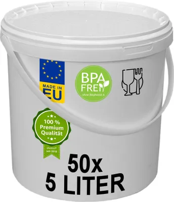 Produktbild von plasteo® 50x 5 Liter Eimer mit Deckel Lebensmittelecht Luftdicht Kunststoffeimer Plastikeimer Leereimer Transporteimer (50x 5 Liter)