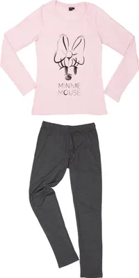 Produktbild von Disney Minnie Mouse Schlafanzug für Damen Pyjama Set Langarm Oberteil mit Hose Rosa/Grau S