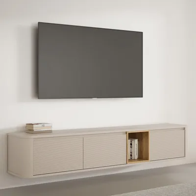 Produktbild von Forte BREATHTAKER TV-Schrank 220, modern minimalistisch, 3-türig, beleuchtetes Fach, Reliefstruktur, Holzwerkstoff, Beige/Mauvella Eiche Holzdekor, 215 cm breit x 41,5 cm hoch x 41,3 cm tief