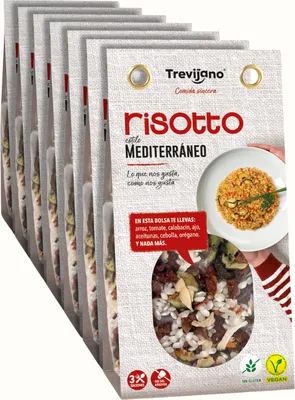 Produktbild von Trevijano Risotto Mediterraneo: Reismischung mit Gemüse, ohne Zusatzstoffe. Jeder Beutel enthält 3 Portionen Risotto bestehend (7 x 280g)