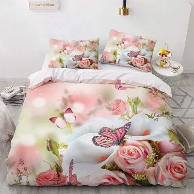 Produktbild von Famanu Bettwäsche Set mit Bettbezug 135 x 200 cm und 1 Kissenbezug 80 x 80 cm, rosa mit Schmetterlingen