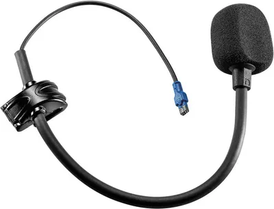 A black microphone boom with a foam windscreen and a blue connector is shown against a white background.