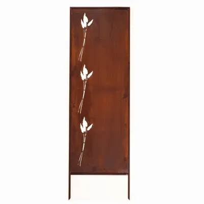 A decorative garden screen with a rust finish, featuring three stylized white grass blades.