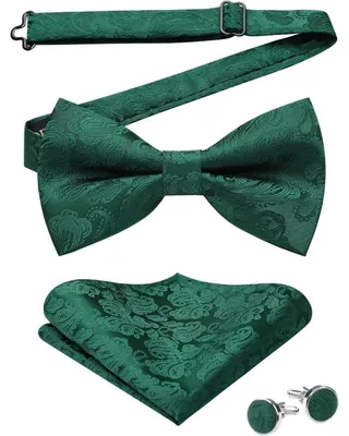 Produktbild von Herren Fliegen Set Paisley Grün mit Einstecktuch und Manschettenknöpfen vorgebunden verstellbar