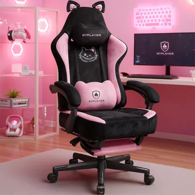 Immagine prodotto di GTPLAYER Simpatica sedia da gioco con tessuto in velluto, sedia da gioco, sedia da ufficio ergonomica sedia da gioco con orecchie di gatto, memory foam e poggiapiedi, 150kg