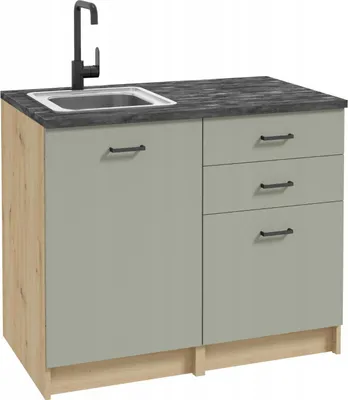 Zdjęcie produktu dla Zestaw Szafek Kuchennych 100 x 60 cm Dąb Artisan/Zielony +Blat Beton Czarny